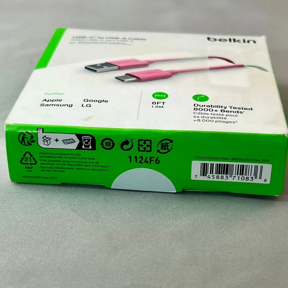 Belkin USB-C to USB-A Cable Unisex 6ft Pink New Durable Charging Sync F2CU032